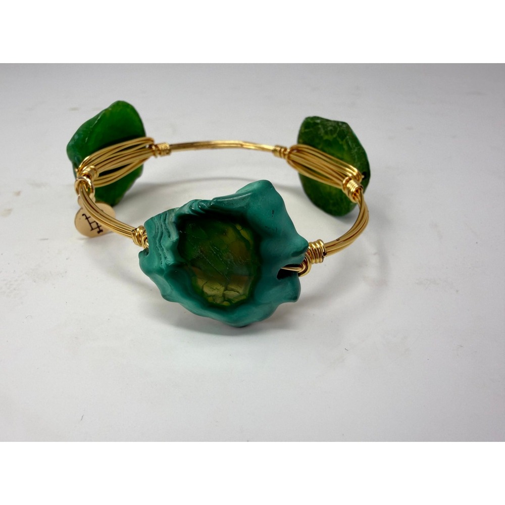 Bourbon & Boweties Green Agate Gold Wire Wrapped Bangle Bracelet Stone Trio - Picture 5 of 6